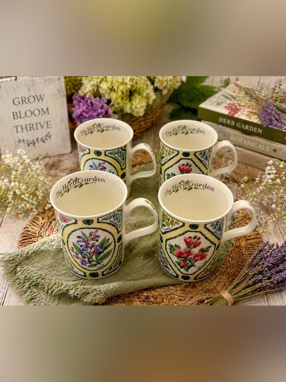 Vtg Roy Kirkham “The Herb Garden” Fine Bone China Mugs Set of 4 England Floral
